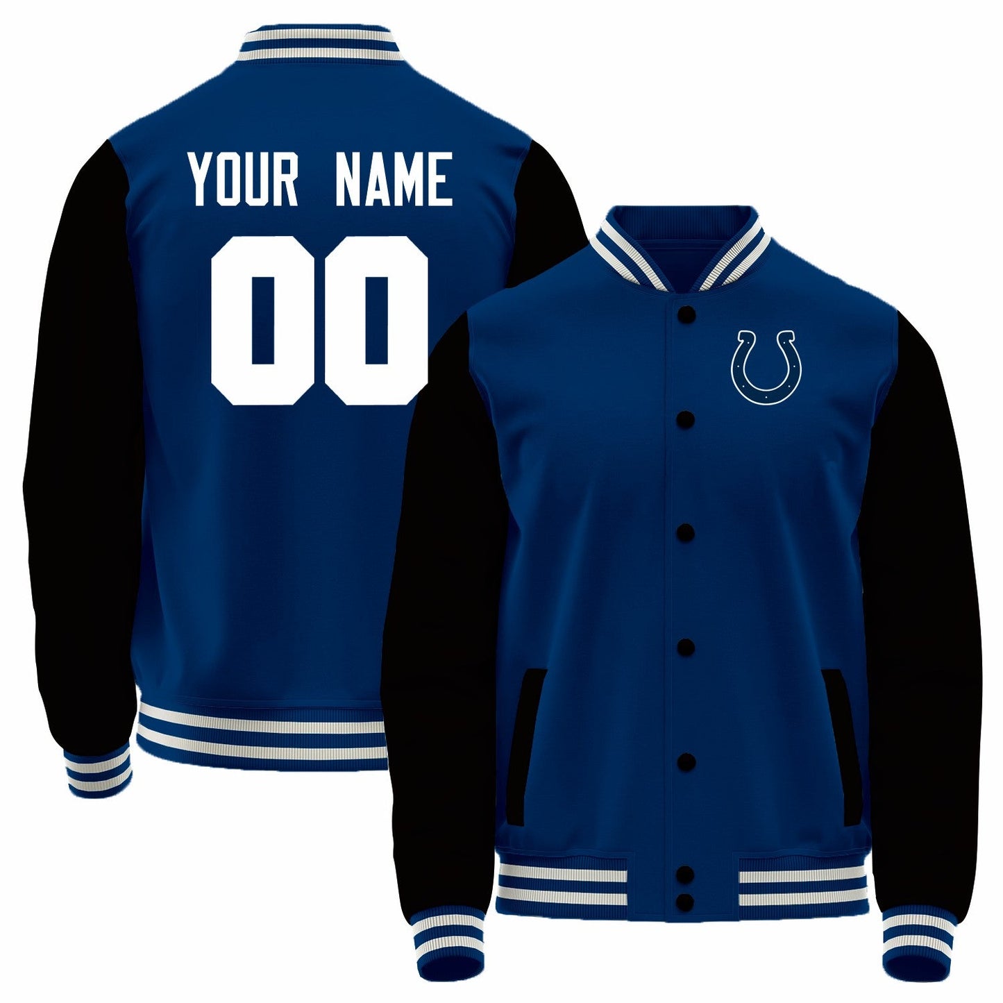 Custom IN.Colts Royal-Black Bomber Full-Snap Varsity Letterman Jacket