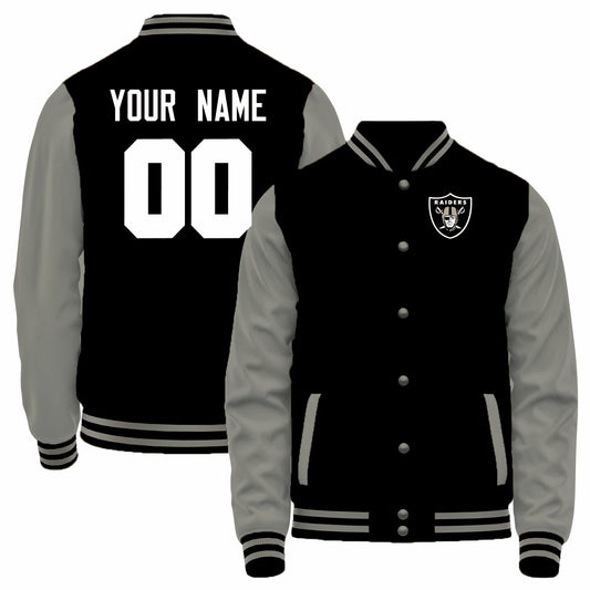 Custom LV.Raiders Black-Gray Bomber Full-Snap Varsity Letterman Jacket