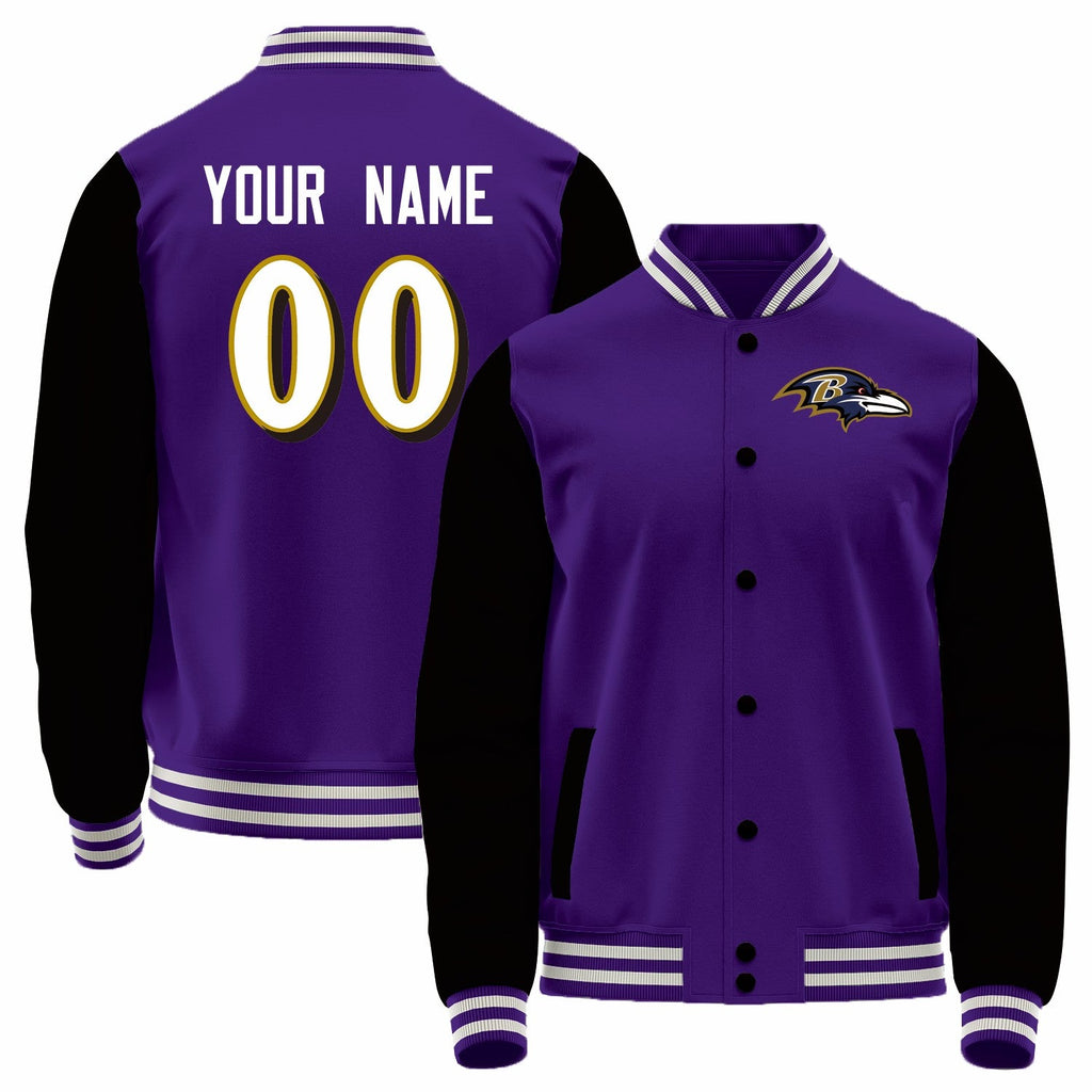 Custom B.Ravens Purple-White Bomber Full-Snap Varsity Letterman Jacket