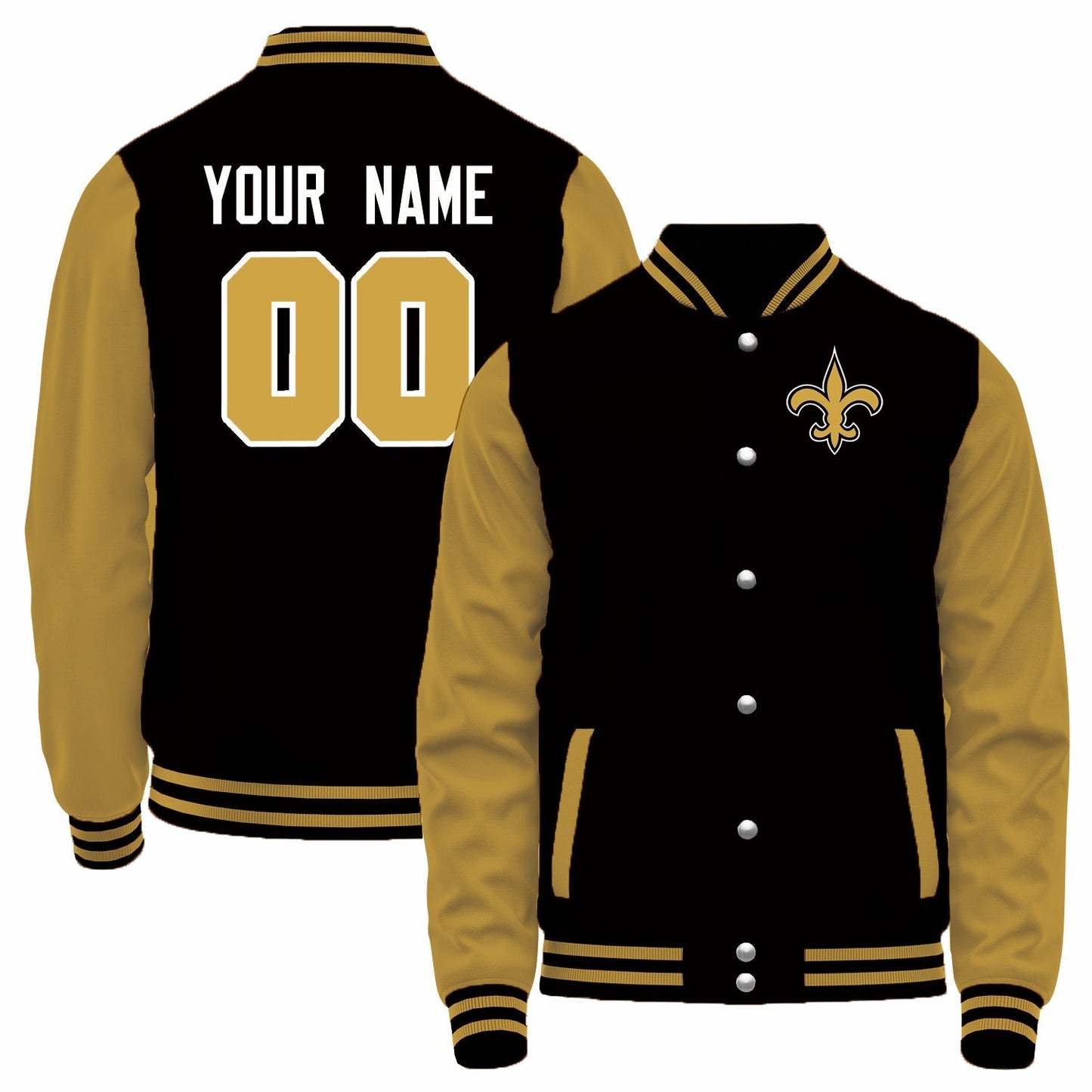 Custom NO.Saints Black-Brown Bomber Full-Snap Varsity Letterman Jacket