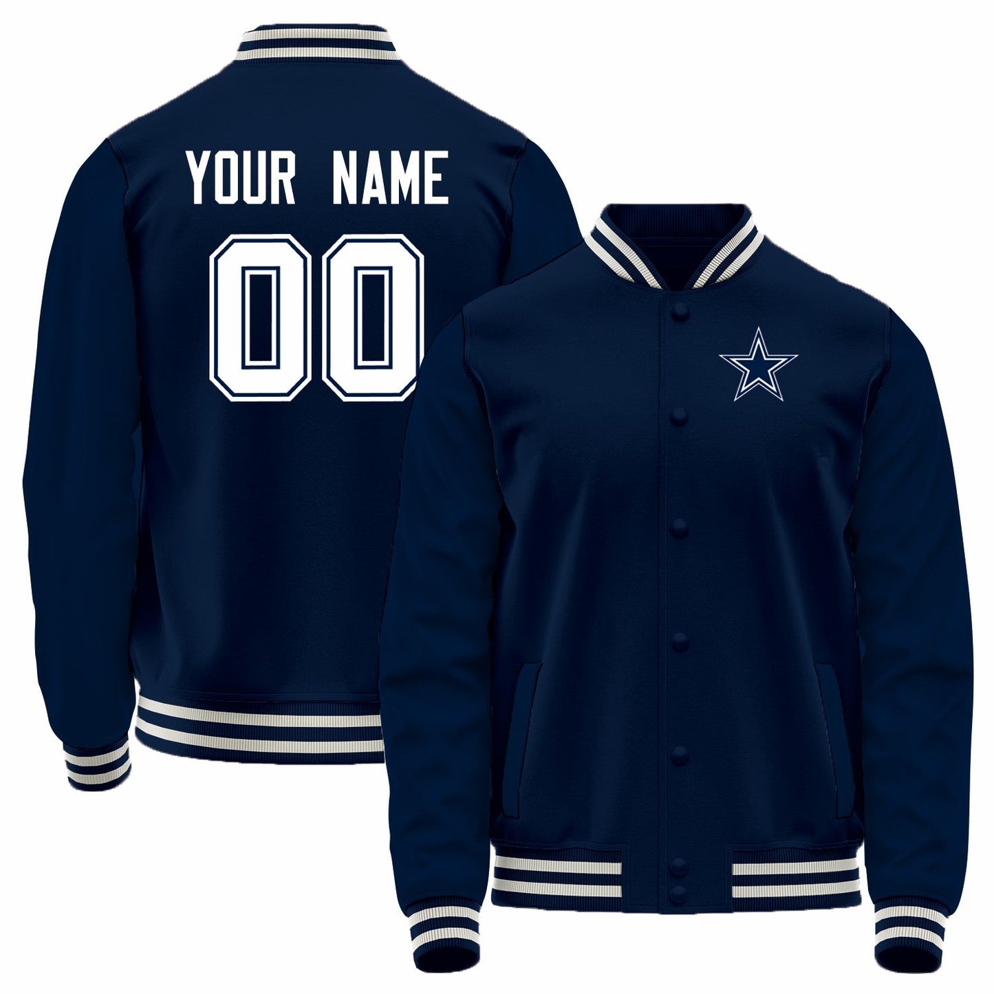 Custom D.Cowboys Navy Bomber Full-Snap Varsity Letterman Jacket