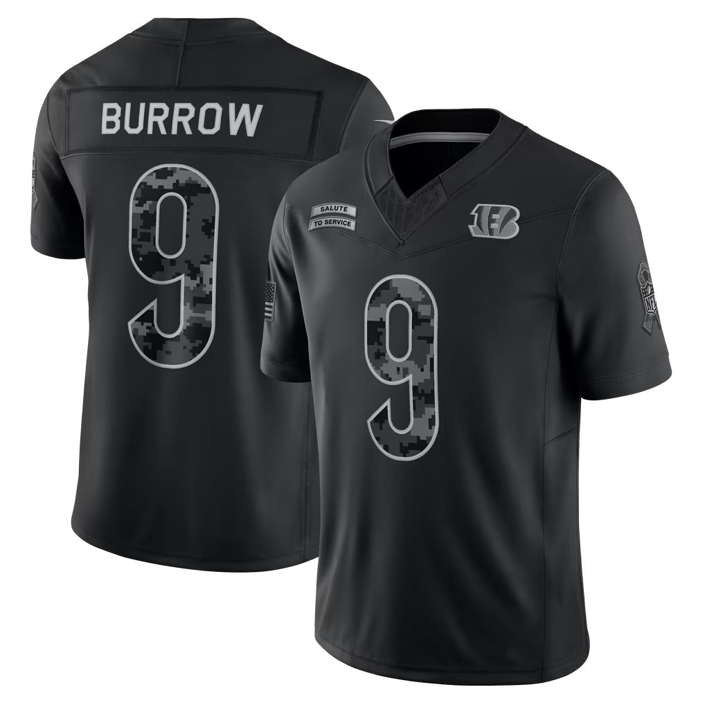 Reast C.Bengals #9 Joe Burrow Player Black Limited 2026 Salute to Service Home Game Stitched Jerseys