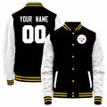 Custom P.Steelers Black-White Bomber Full-Snap Varsity Letterman Jacket