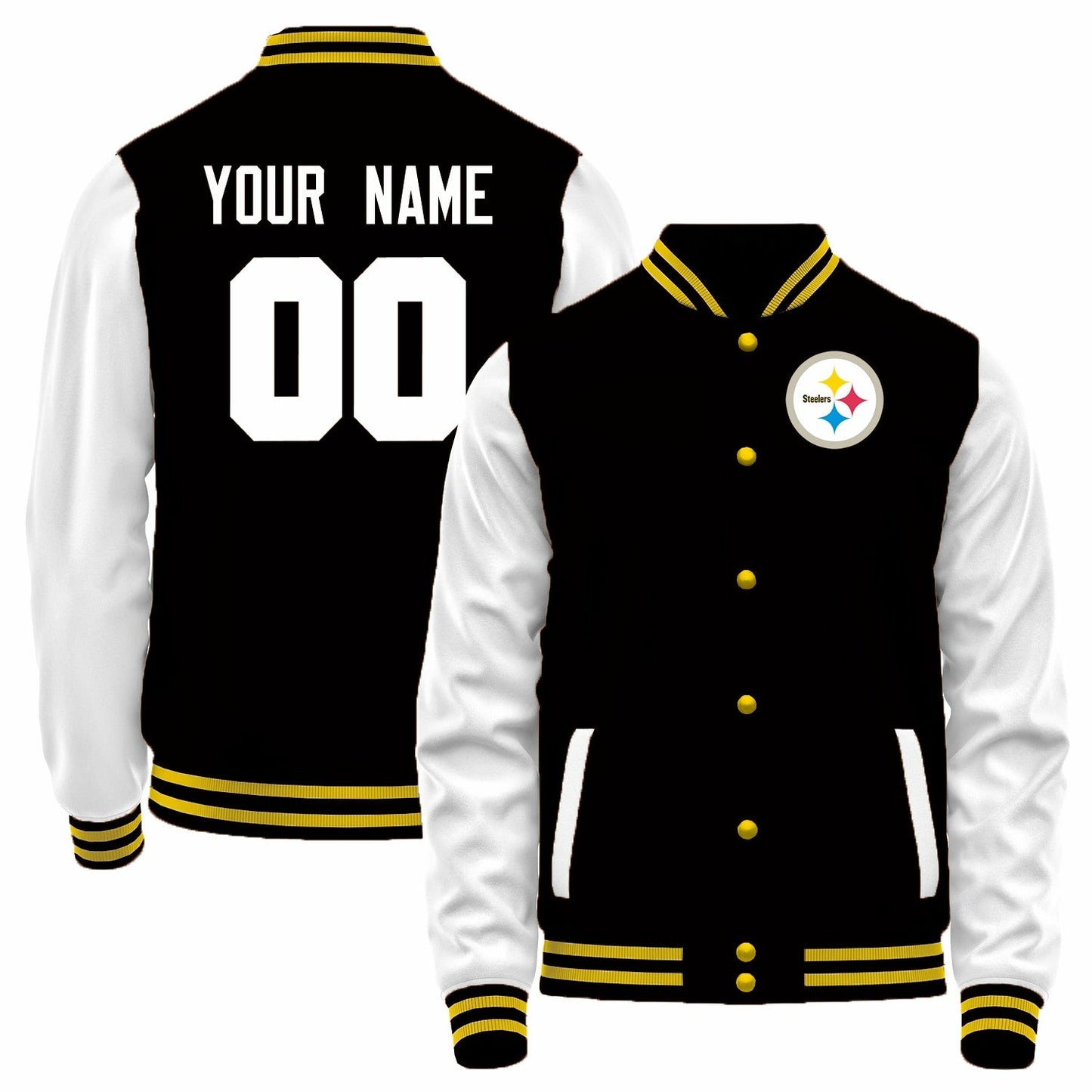 Custom P.Steelers Black-White Bomber Full-Snap Varsity Letterman Jacket