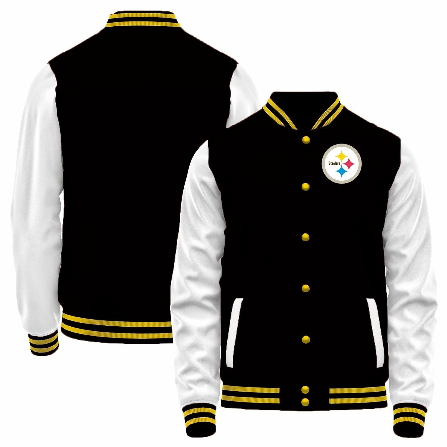 Custom P.Steelers Black-White Bomber Full-Snap Varsity Letterman Jacket
