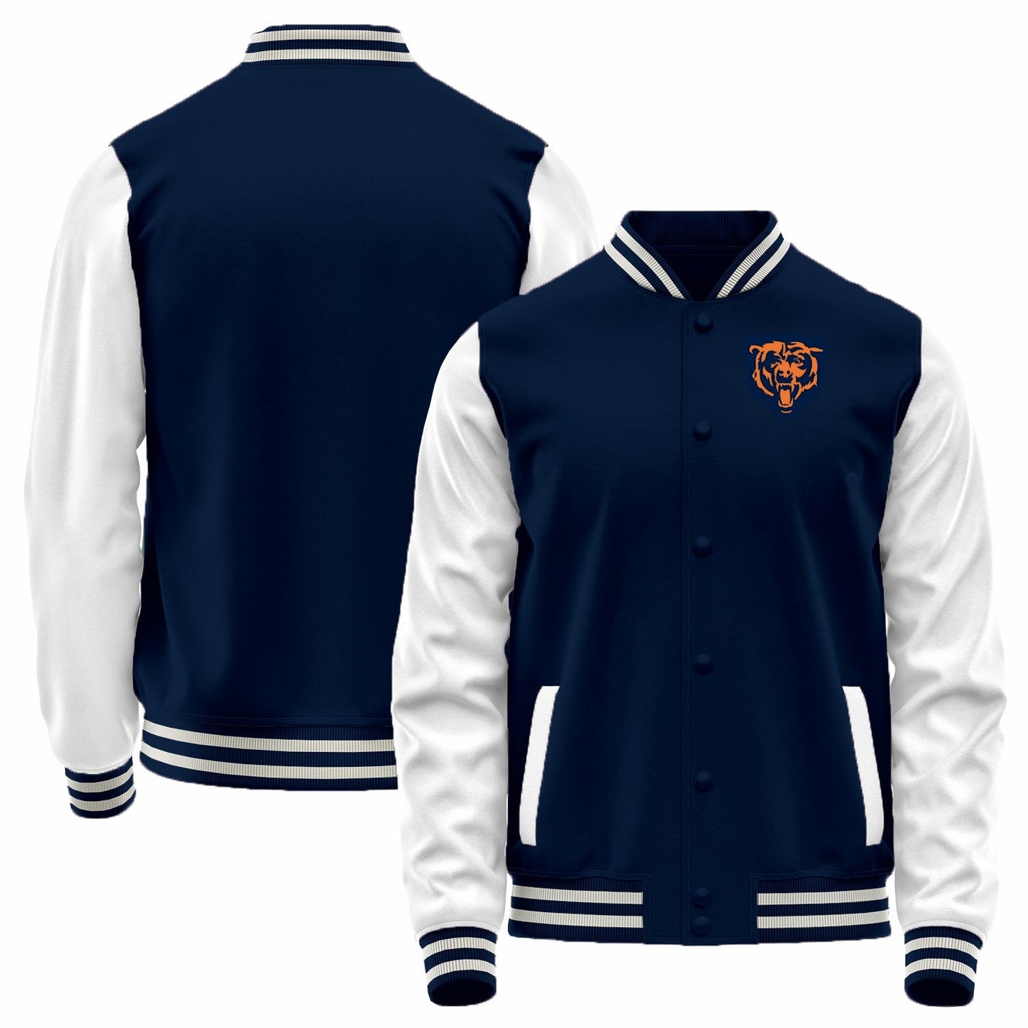 Custom C.Bears Black-White Bomber Full-Snap Varsity Letterman Jacket