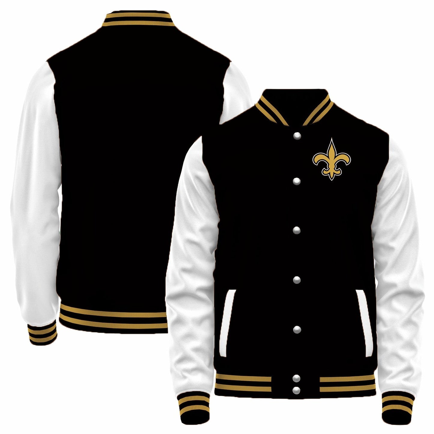 Custom NO.Saints Black-White Bomber Full-Snap Varsity Letterman Jacket
