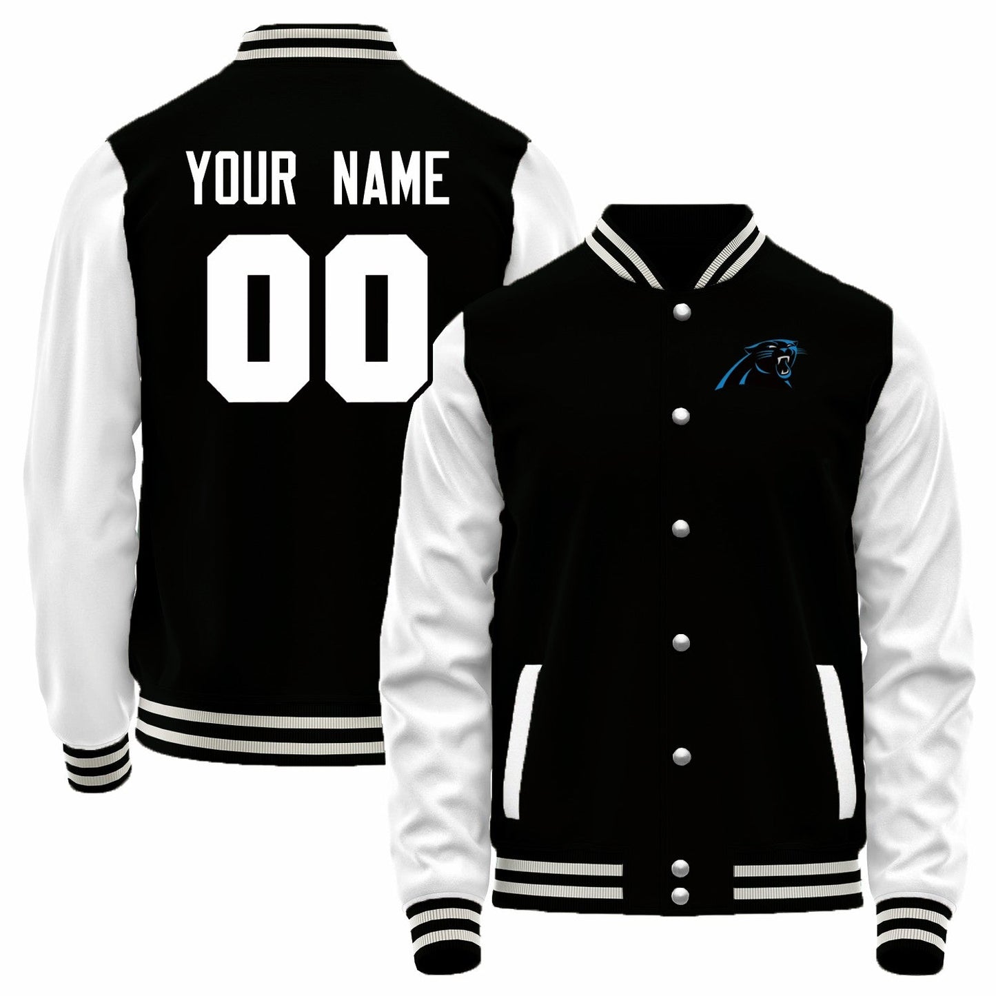 Custom C.Panthers Black-White Bomber Full-Snap Varsity Letterman Jacket