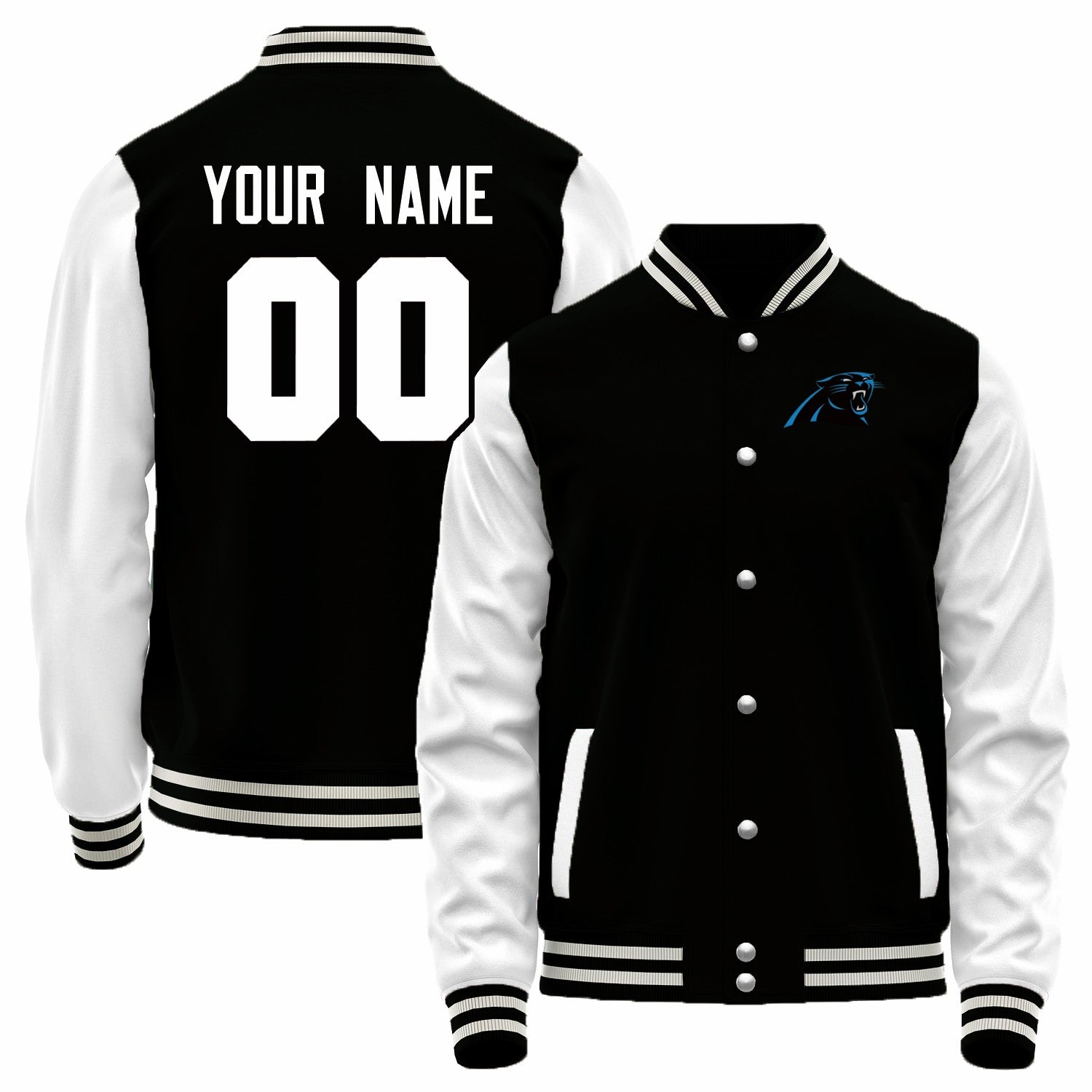 Custom C.Panthers Black-White Bomber Full-Snap Varsity Letterman Jacket