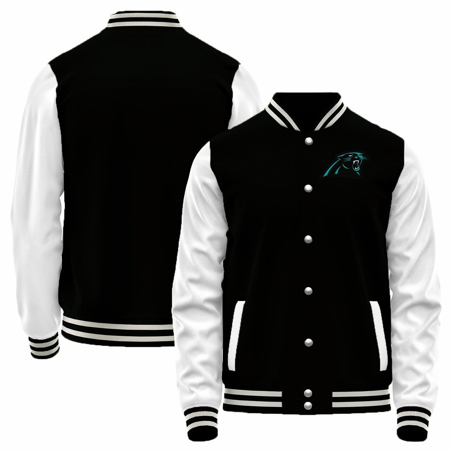 Custom C.Panthers Black-White Bomber Full-Snap Varsity Letterman Jacket
