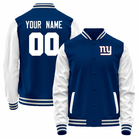 Custom NY.Giants Royal-White Bomber Full-Snap Varsity Letterman Jacket