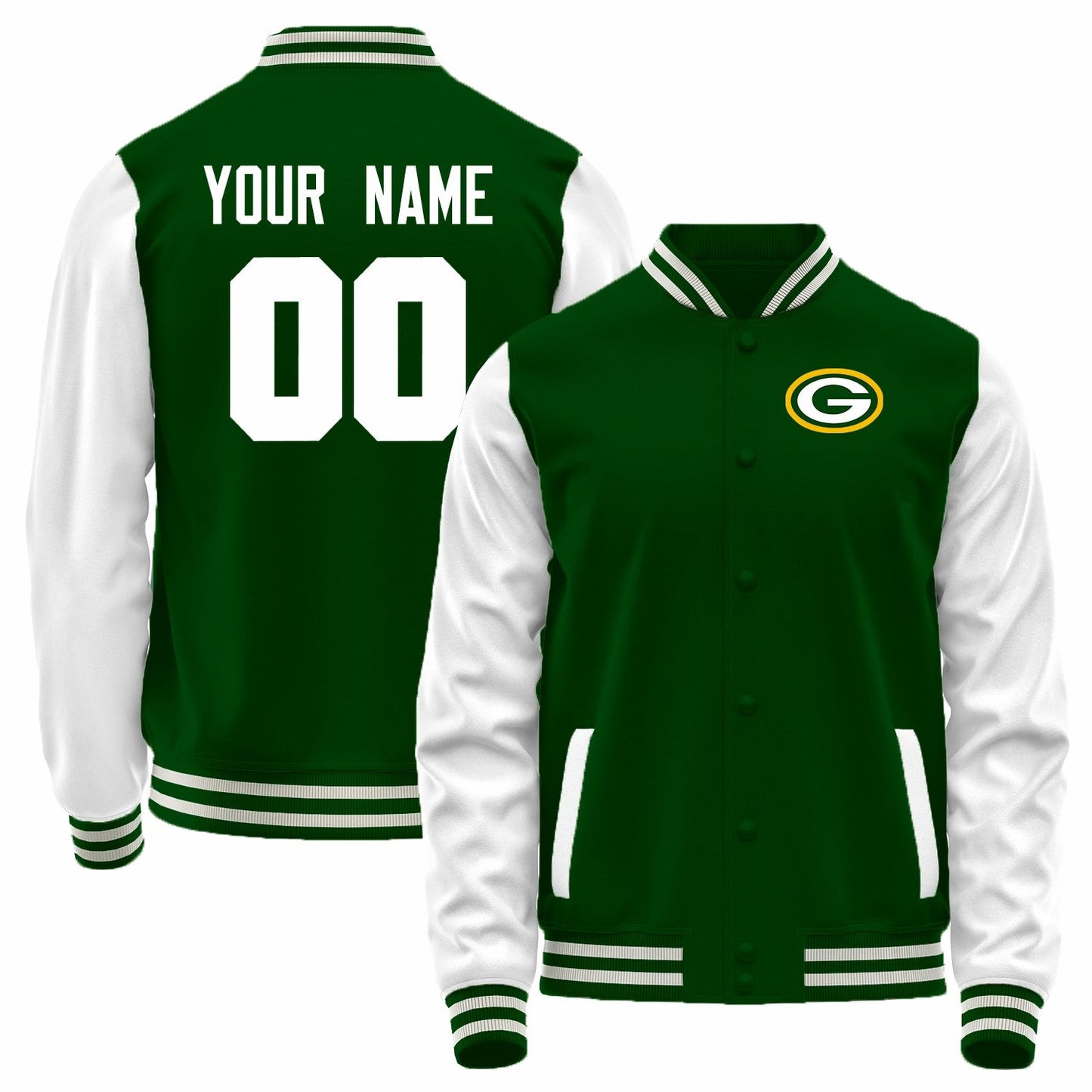 Custom GB.Packers Green-White Bomber Full-Snap Varsity Letterman Jacket