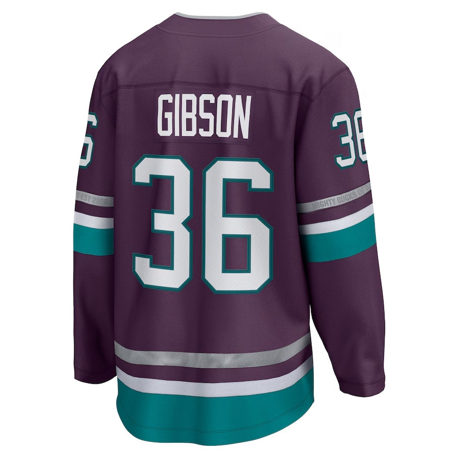 A.Ducks #36 John Gibson Supporters 30th Anniversary Premier Breakaway Jersey - Purple Stitched American Hockey Jerseys