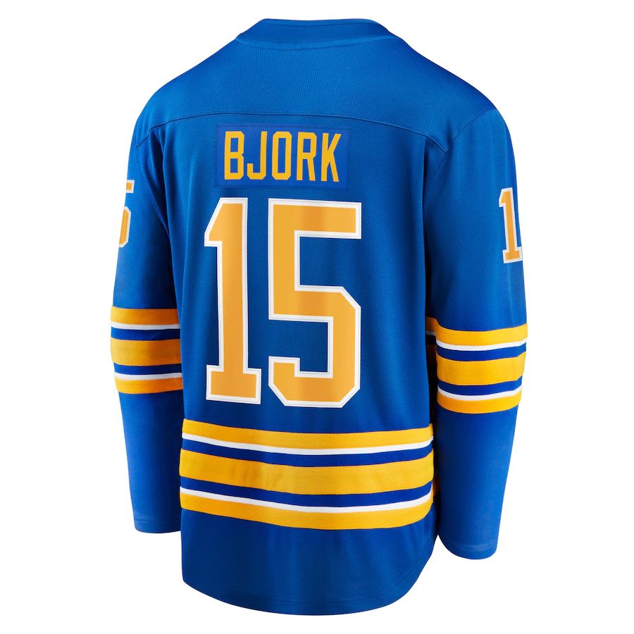 B.Sabres #15 Anders Bjork Supporters Branded Team Home Breakaway Player Jersey  Royal Stitched American Hockey Jerseys