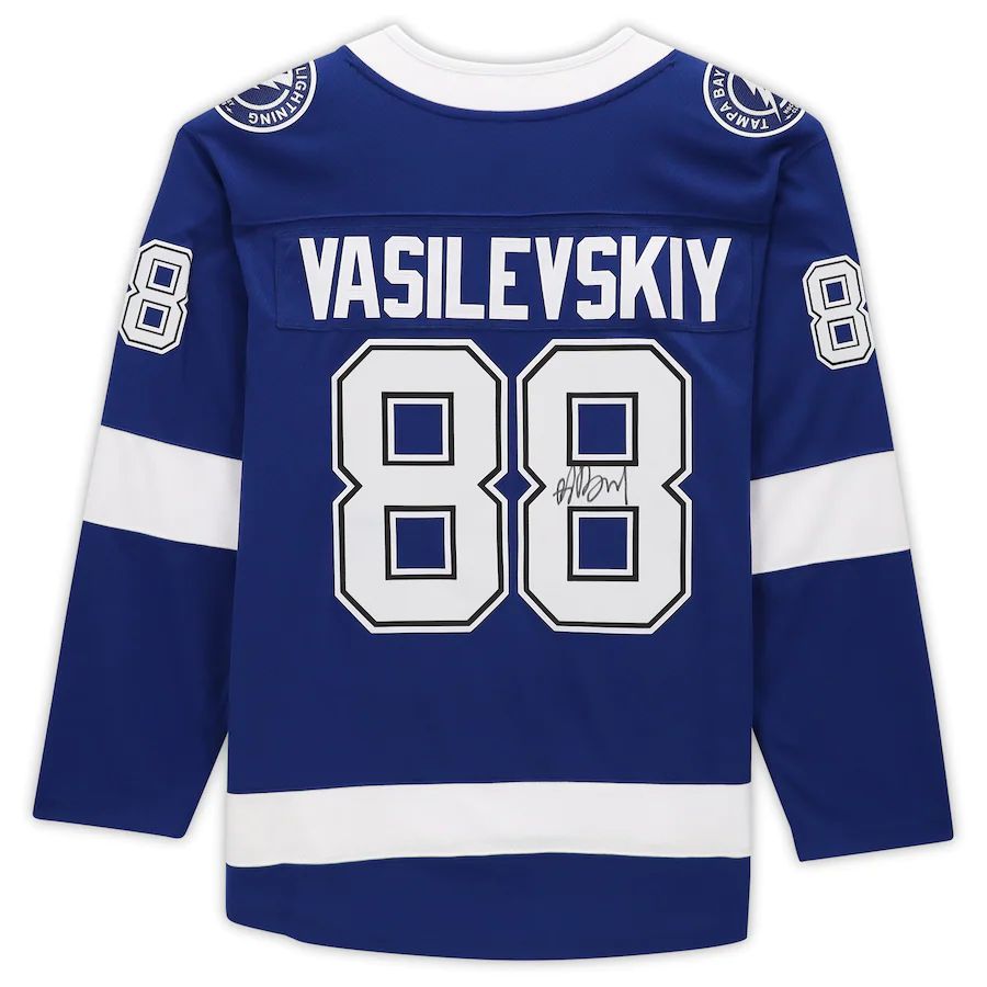TB.Lightning #88 Andrei Vasilevskiy Supporters Authentic Autographed Breakaway Jersey Blue Stitched American Hockey Jerseys