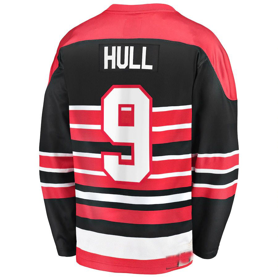 C.Blackhawks #9 Bobby Hull Supporters Branded Premier Breakaway Retired Player Jersey Red Stitched American Hockey Jerseys