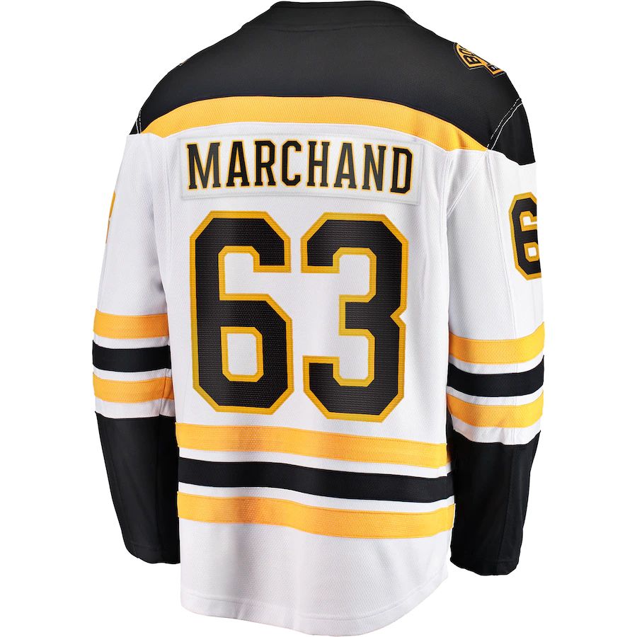 B.Bruins #63 Brad Marchand Supporters Branded Away Premier Breakaway Player Jersey Stitched American Hockey Jerseys