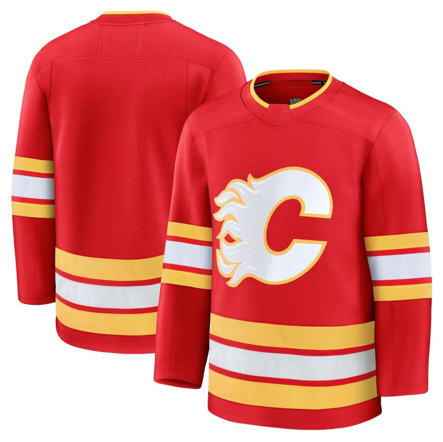 C.Flames Fanatics Home Premium Jersey - Red Stitched American Hockey Jerseys