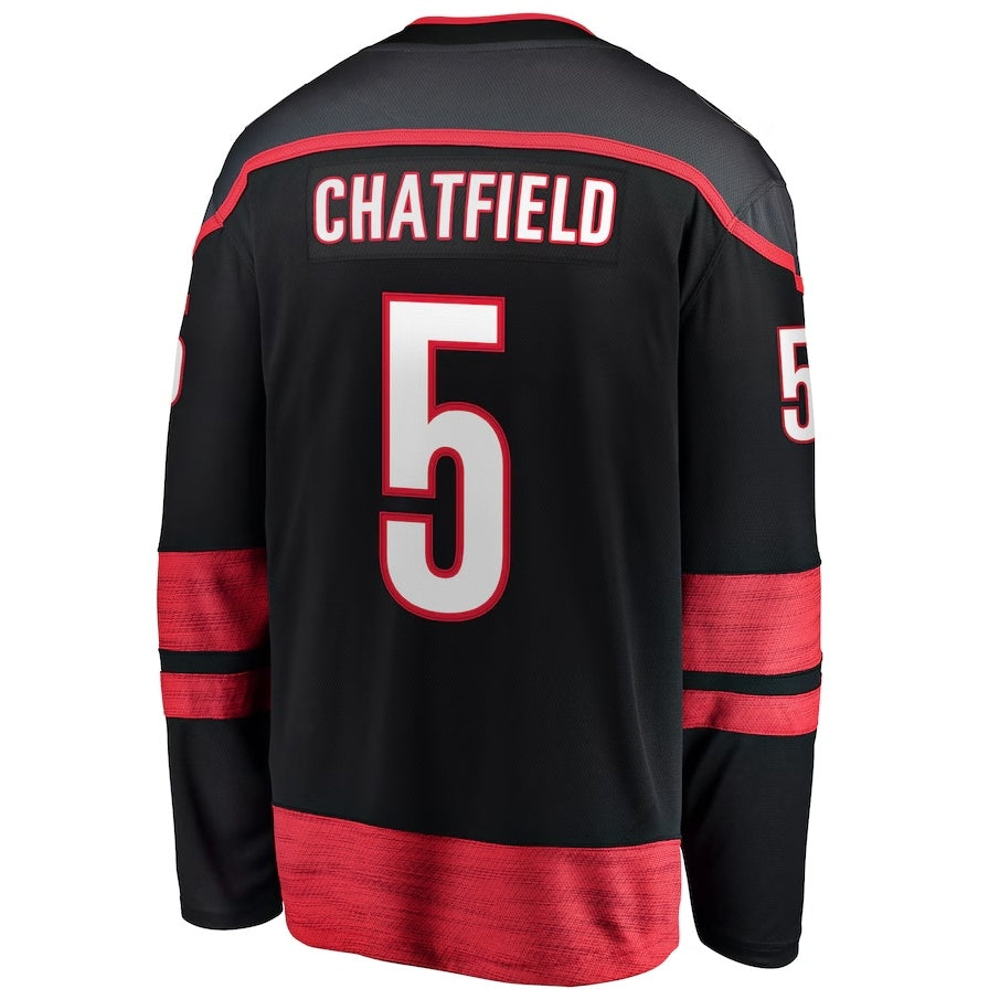 C.Hurricanes #5 Jalen Chatfield Supporters Home Premier Breakaway Player Jersey - Black Stitched American Hockey Jerseys