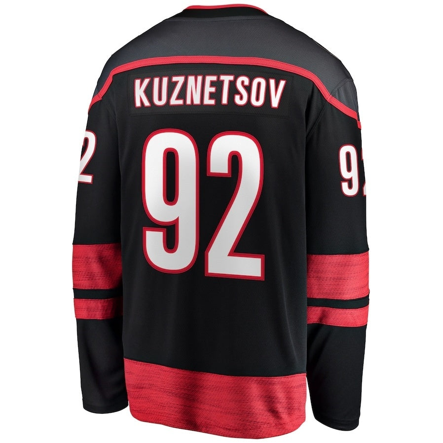 C.Hurricanes #92 Evgeny Kuznetsov Supporters Home Breakaway Jersey - Black Stitched American Hockey Jerseys