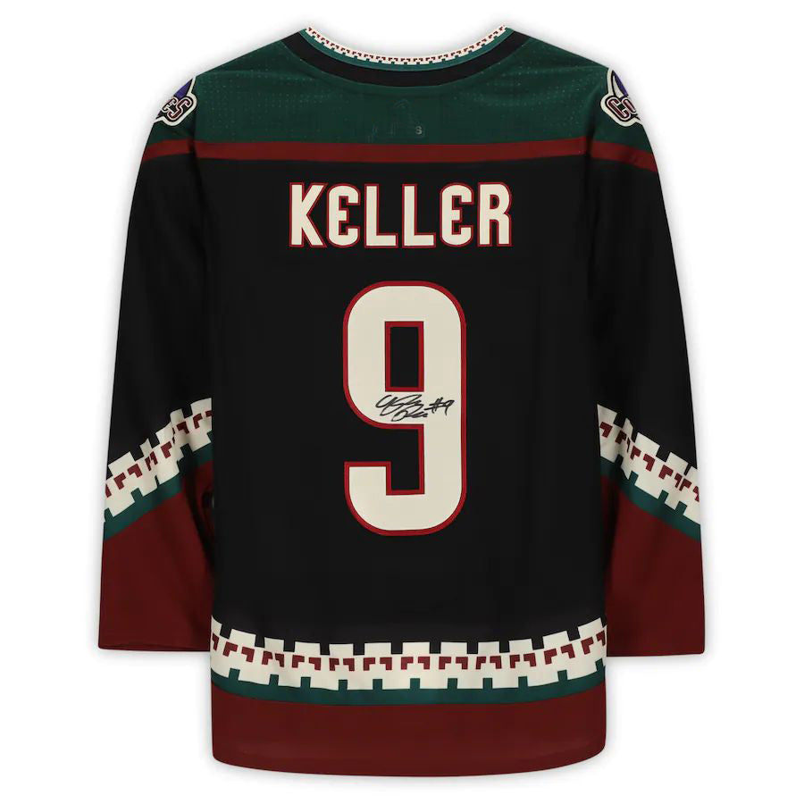 A.Coyotes #9 Clayton Keller Supporters Authentic Autographed Kachina Alternate Jersey with 25th Anniversary Season Patch Black Stitched American Hockey Jerseys