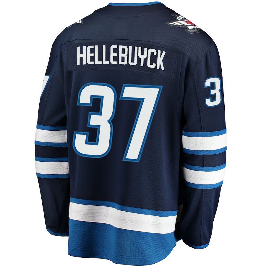 W.Jets #37 Connor Hellebuyck Supporters Branded Breakaway Replica Jersey Navy Stitched American Hockey Jerseys