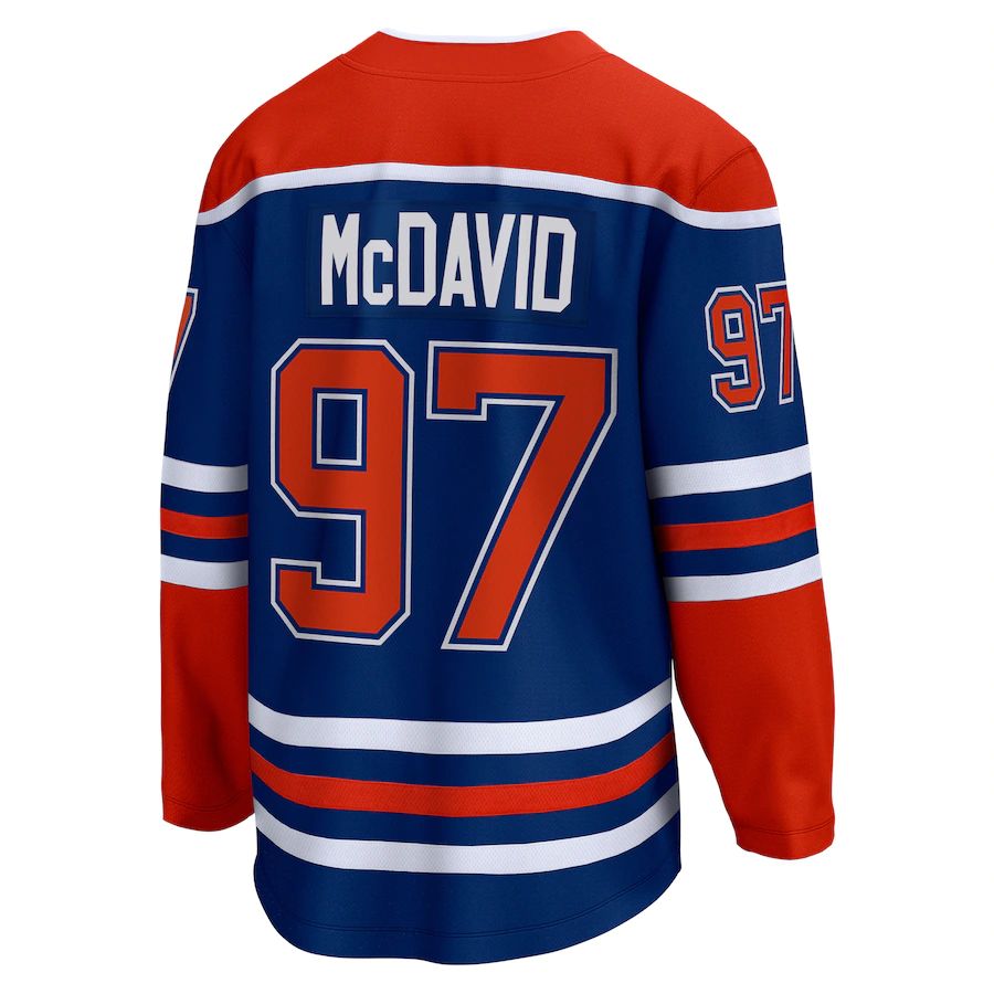 E.Oilers #97 Connor McDavid Supporters Branded Home Premier Breakaway Player Jersey Royal Stitched American Hockey Jerseys