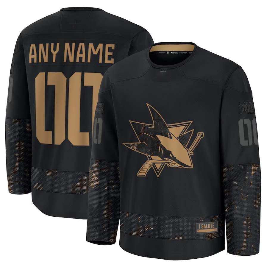 Custom SJ.Sharks Fanatics 2024 Military Appreciation Personalized Long Sleeve Practice Jersey - Black Stitched American Hockey Jerseys