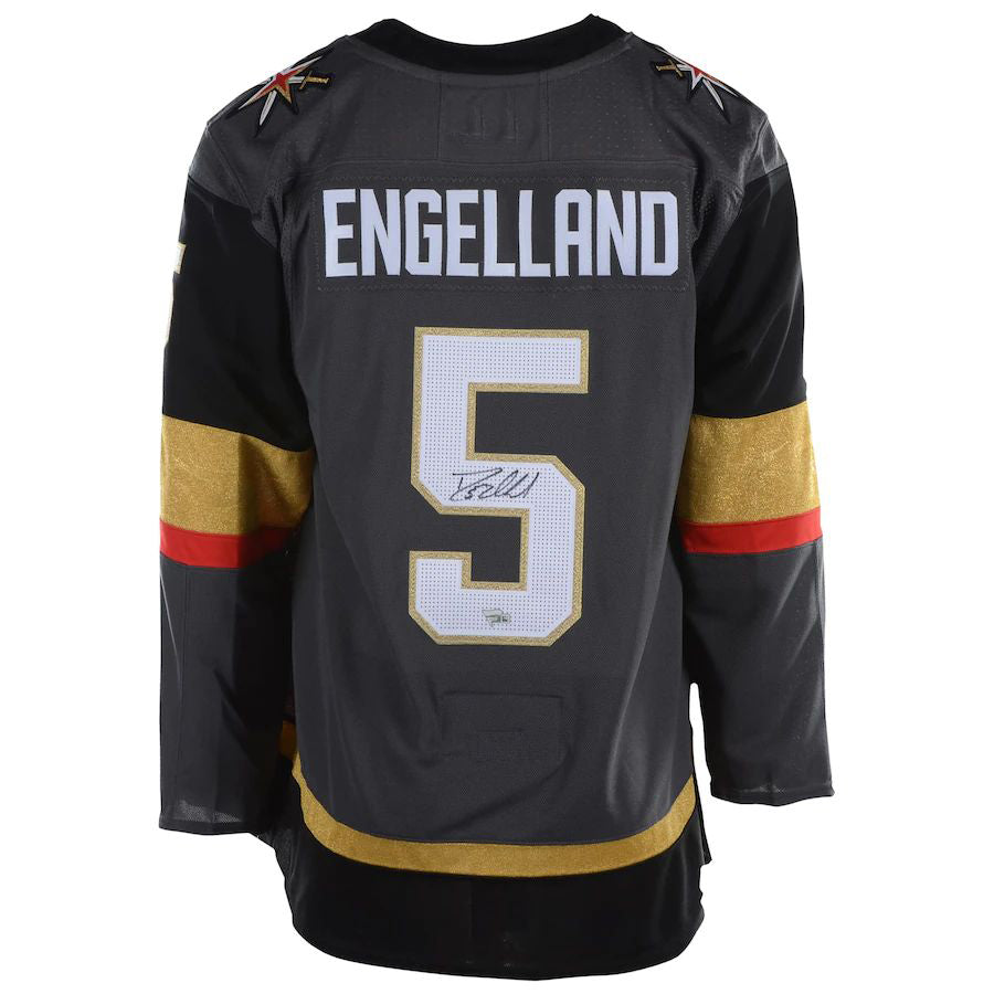 V.Golden Knights #5 Deryk Engelland Supporters Authentic Autographed Black Gray Stitched American Hockey Jerseys
