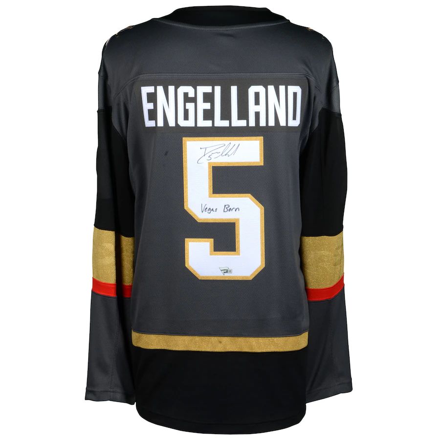 V.Golden Knights #5 Deryk Engelland Supporters Authentic Autographed Breakaway Jersey with Vegas Born Inscription Gray Stitched American Hockey Jerseys