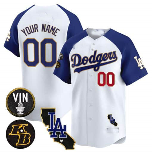 Custom Los Angeles Dodgers Vin Patch & Kobe Bryant Gold Trim Vapor Premier Limited V2 ¨C All Stitched Baseball Jersey