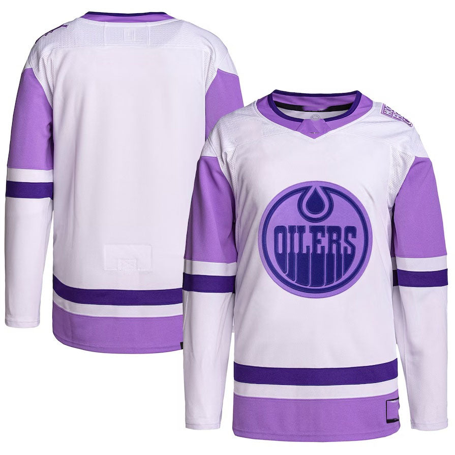 E.Oilers Hockey Fights Cancer Primegreen Authentic Blank Practice Jersey - White/Purple Stitched American Hockey Jerseys