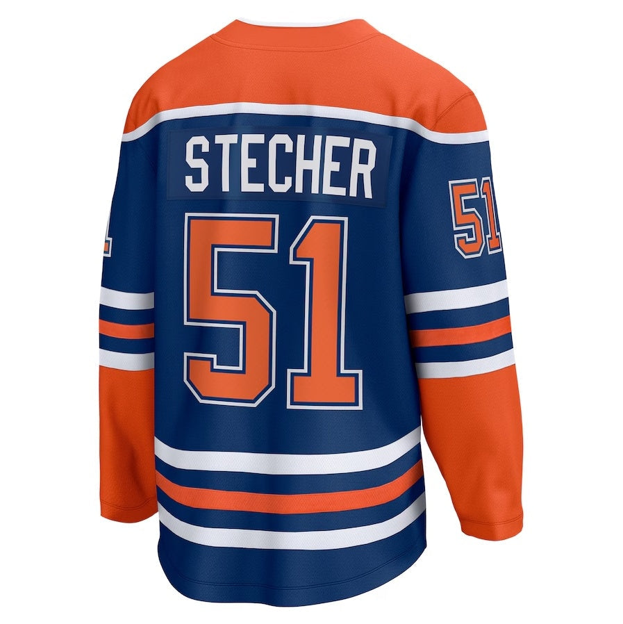 E.Oilers #51 Troy Stecher Fanatics Home Premier Breakaway Player Jersey - Royal Stitched American Hockey Jerseys