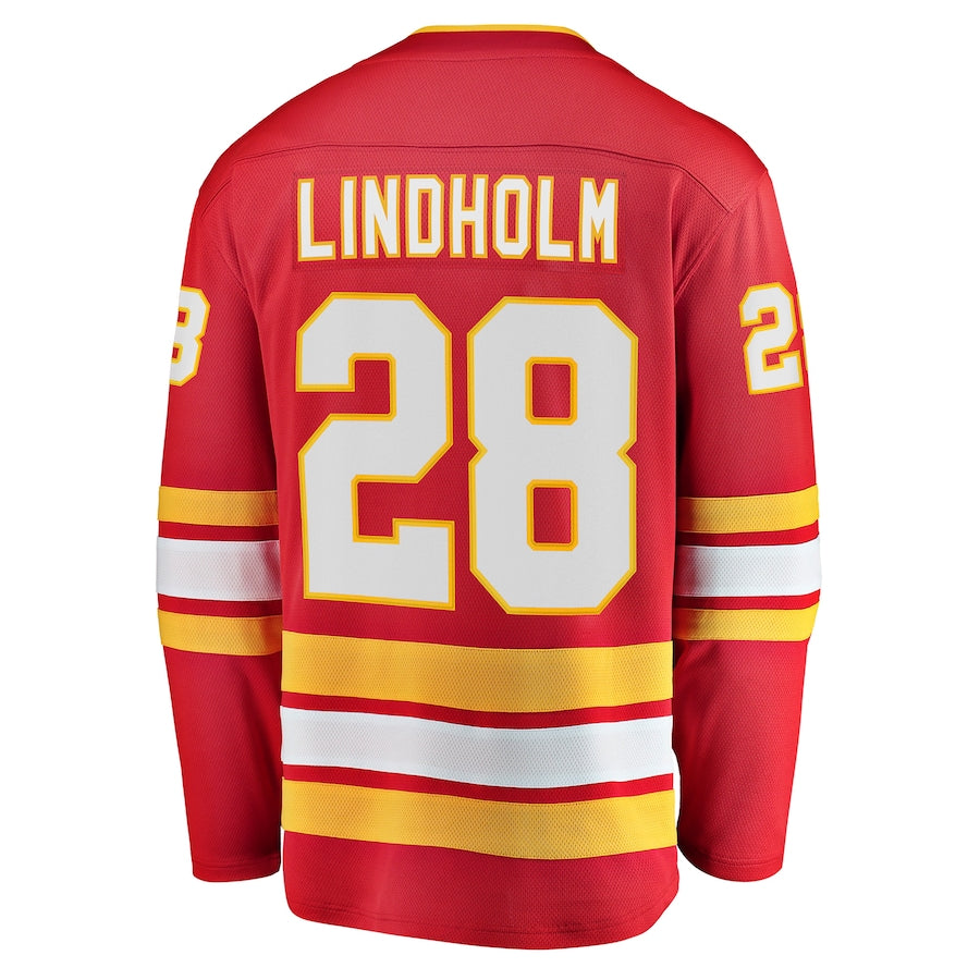 C.Flames #28 Elias Lindholm Supporters Branded Home Team Breakaway Player Jersey Red Stitched American Hockey Jerseys