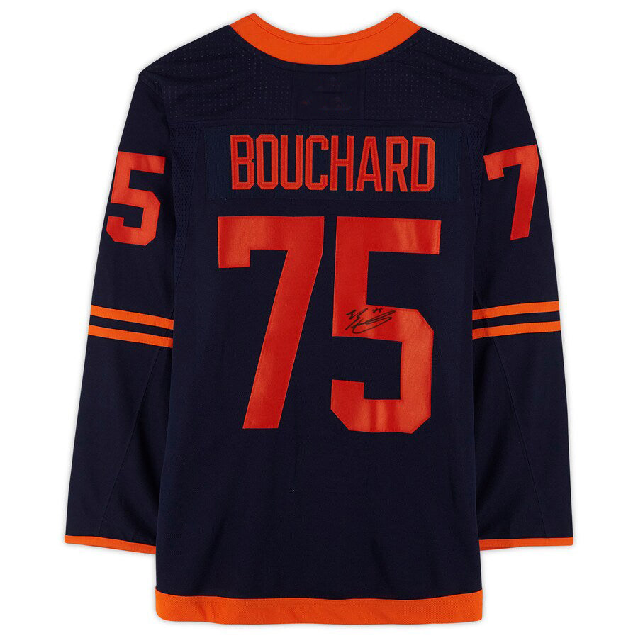E.Oilers #75 Evan Bouchard Supporters Authentic Autographed Jersey Navy Stitched American Hockey Jerseys
