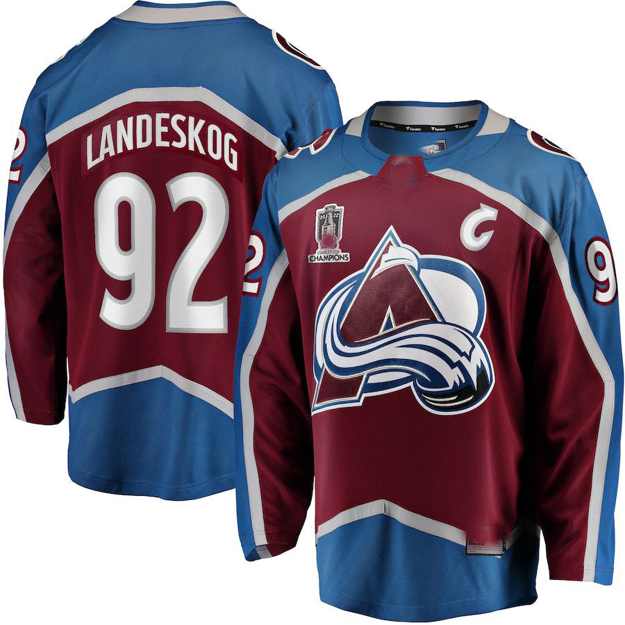 C.Avalanche #92 Gabriel Landeskog Supporters Branded Home 2022 Stanley Cup Champions Breakaway Player Jersey Burgundy Stitched American Hockey Jerseys