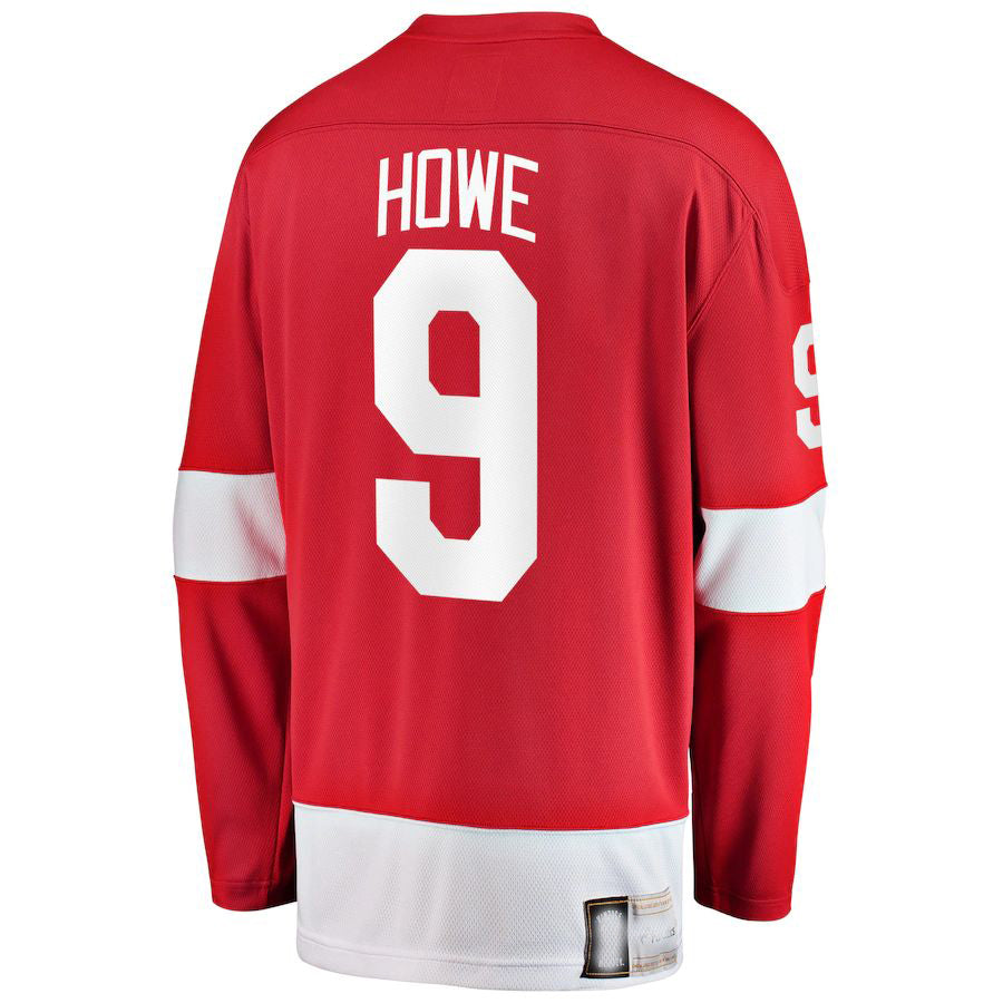D.Red Wings #9 Gordie Howe Supporters Branded Premier Breakaway Retired Player Jersey  Red Stitched American Hockey Jerseys