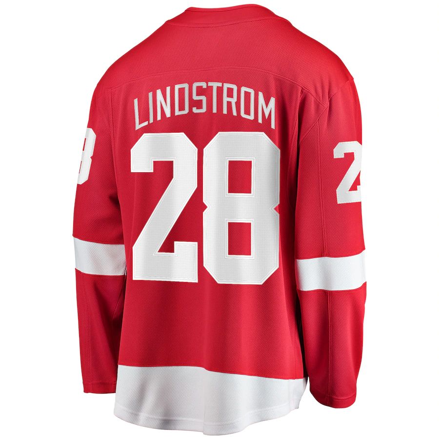 D.Red Wings #28 Gustav Lindstrom Supporters Branded Home Breakaway Player Jersey Red Stitched American Hockey Jerseys