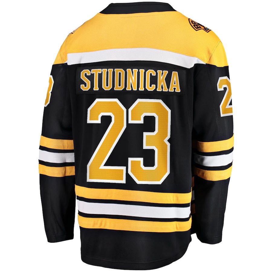 B.Bruins #23 Jack Studnicka Supporters Branded Home Breakaway Player Jersey Black Stitched American Hockey Jerseys