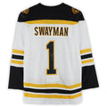 B.Bruins #1 Jeremy Swayman Supporters Authentic Autographed Authentic Jersey White Black Stitched American Hockey Jerseys