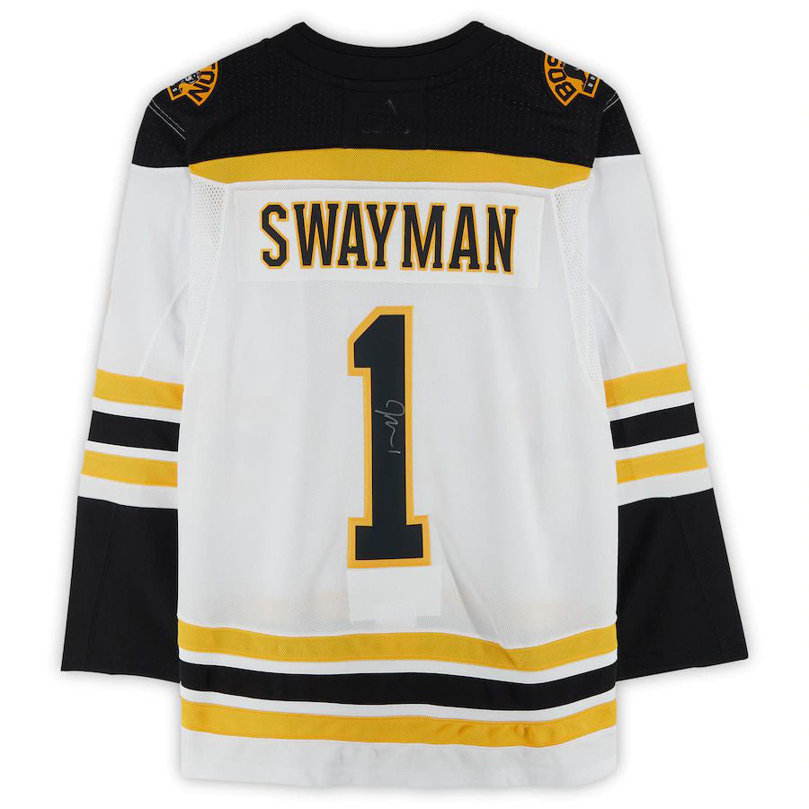 B.Bruins #1 Jeremy Swayman Supporters Authentic Autographed Authentic Jersey White Black Stitched American Hockey Jerseys
