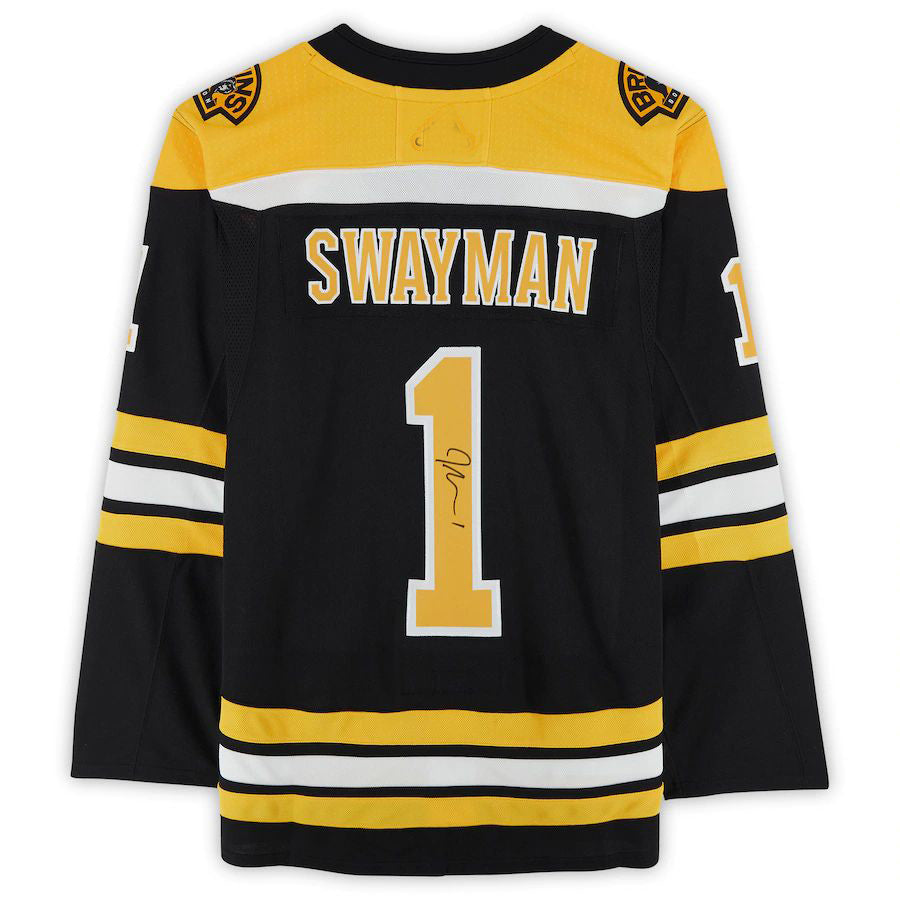 B.Bruins #1 Jeremy Swayman Supporters Authentic Autographed Home Authentic Jersey Black Stitched American Hockey Jerseys