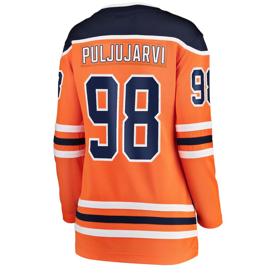 E.Oilers #98 Jesse Puljujarvi Supporters Branded Home Breakaway Player Jersey Orange Stitched American Hockey Jerseys