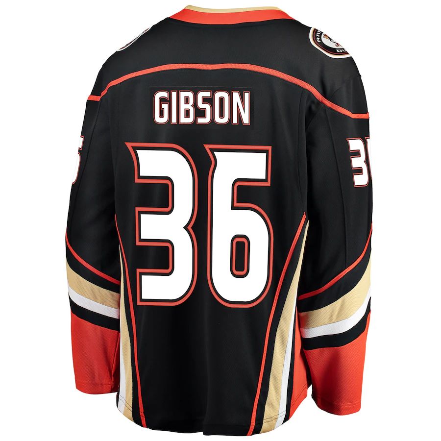 A.Ducks #36 John Gibson Supporters Branded Breakaway Player Jersey Black Stitched American Hockey Jerseys
