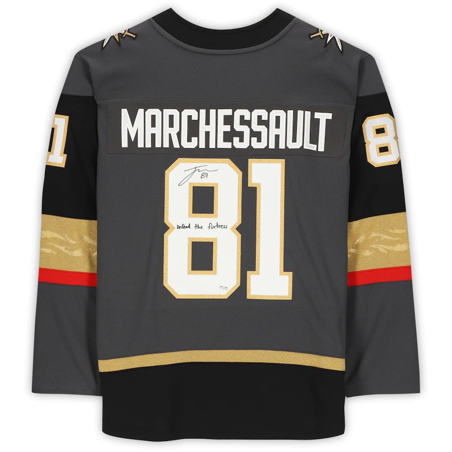 V.Golden Knights #81 Jonathan Marchessault Supporters Authentic Autographed Breakaway Jersey with Defend the Fortress! Inscription Limited Edition of 17 Gray Hockey Jerseys