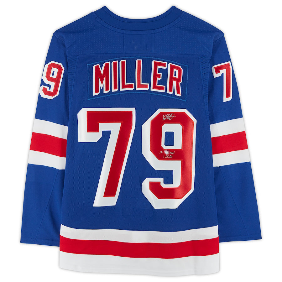 NY.Rangers #79 K'Andre Miller Supporters Authentic Autographed with 1st Goal 1-26-21 Inscription Blue Stitched American Hockey Jerseys