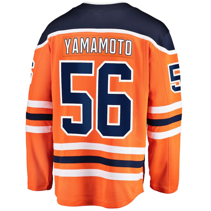 E.Oilers #56 Kailer Yamamoto Supporters Branded Home Breakaway Player Jersey Orange Stitched American Hockey Jerseys