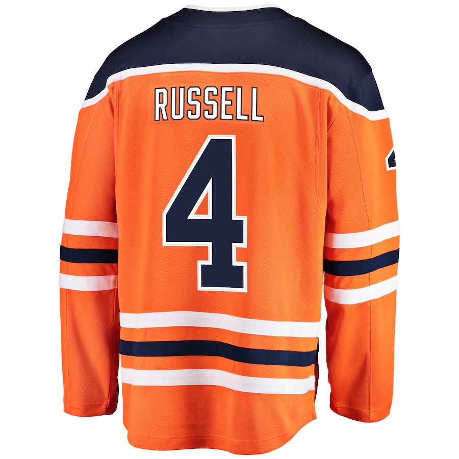 E.Oilers #4 Kris Russell Supporters Branded Breakaway Player Jersey Orange Stitched American Hockey Jerseys