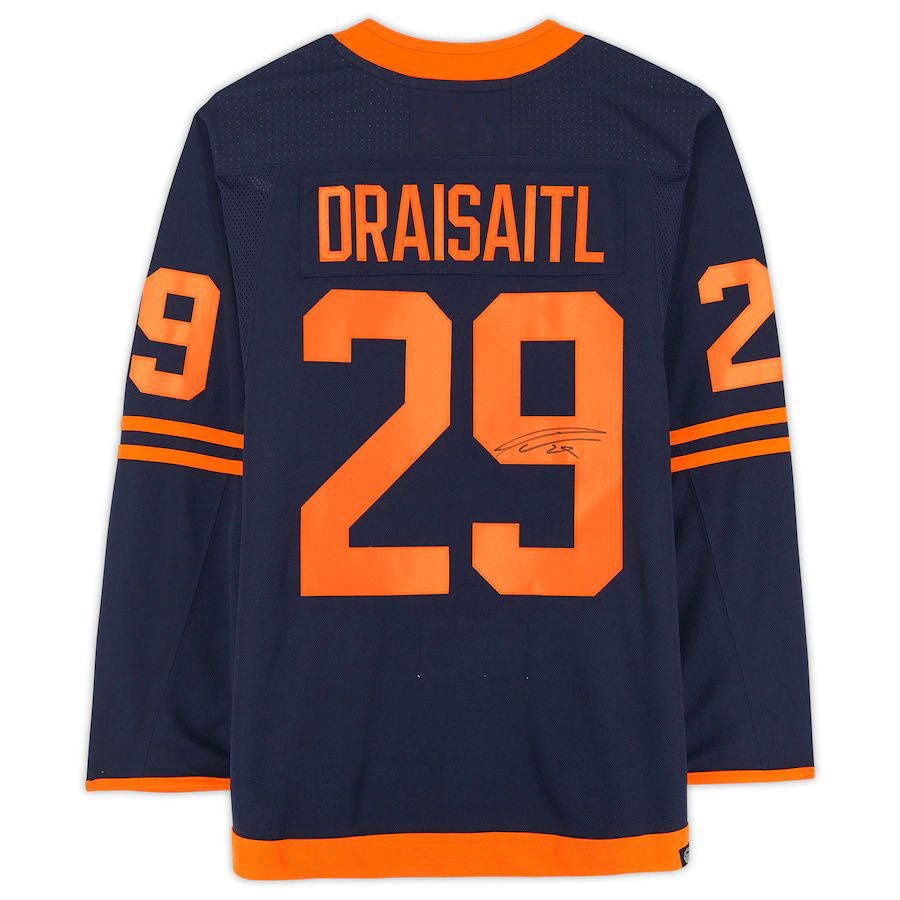 E.Oilers #29 Leon Draisaitl Supporters Authentic Autographed Navy Alternate Jersey Stitched American Hockey Jerseys