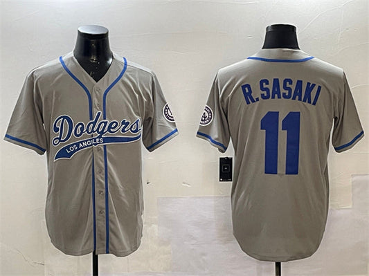 Los Angeles Dodgers #11 Roki Sasaki Gray With Patch Cool Base Stitched Baseball Jersey